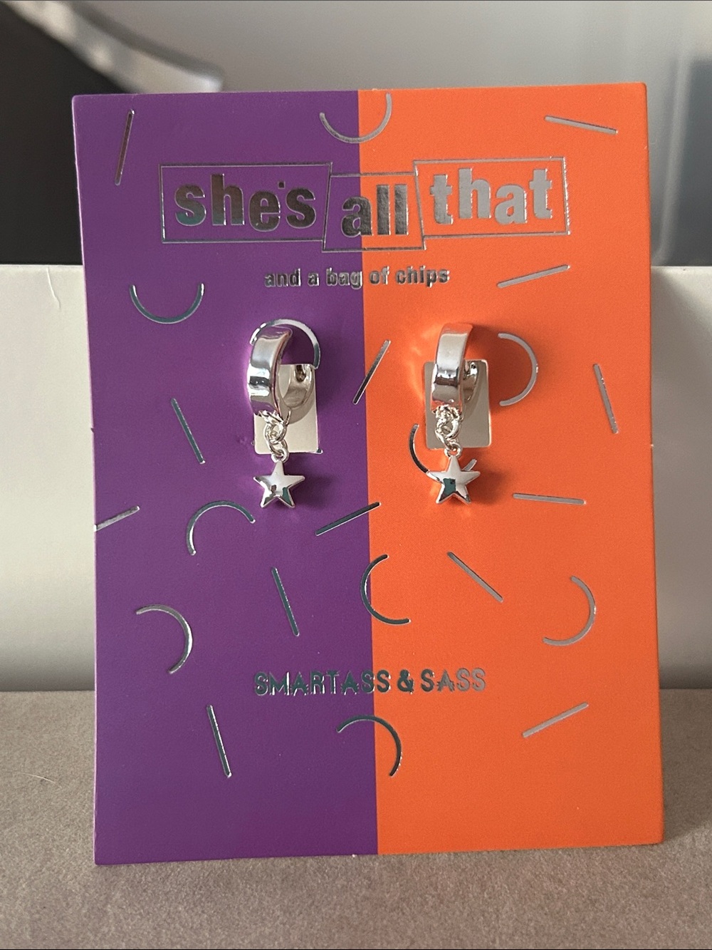 Silver Star Dangle Hoop Earrings - Picture 1 of 2